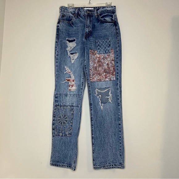 Kancan straight leg patchwork distressed 100% cotton denim blue jeans junior's 9 - Picture 1 of 15